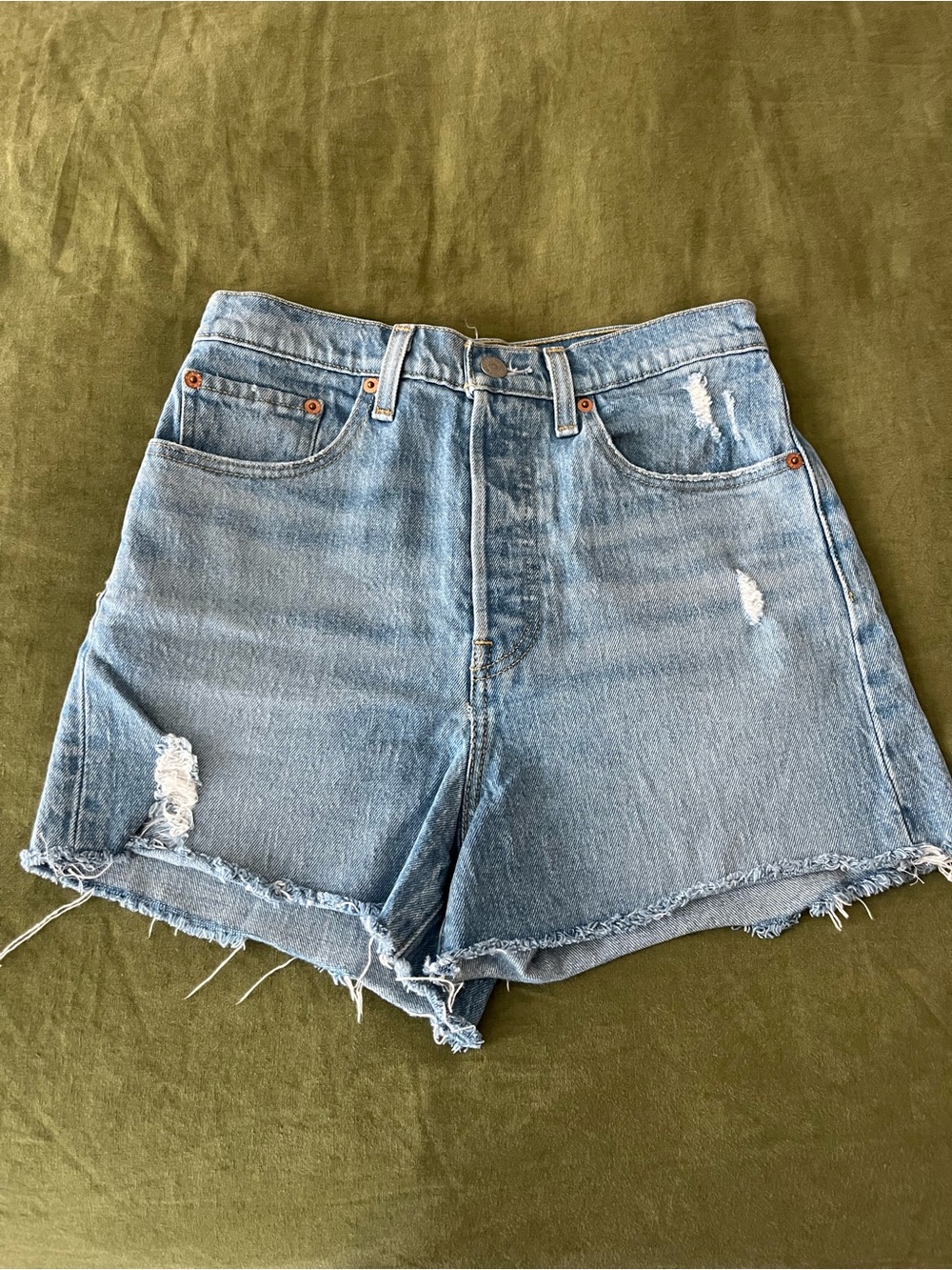 Levis Ribcage High-Rise Distressed Denim Shorts